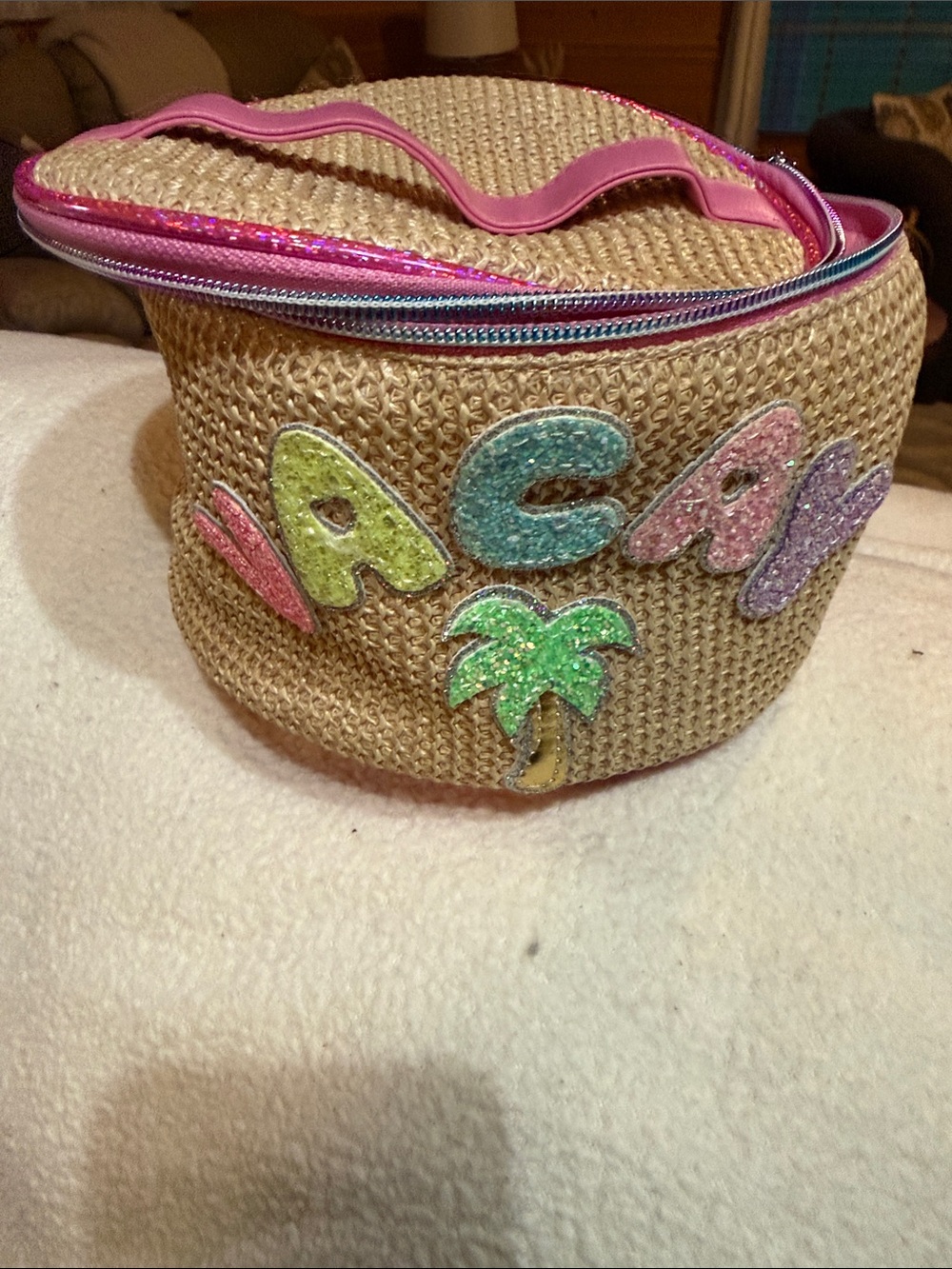 Kids Glitter Letter Straw Cosmetic Bag with Pink Trim